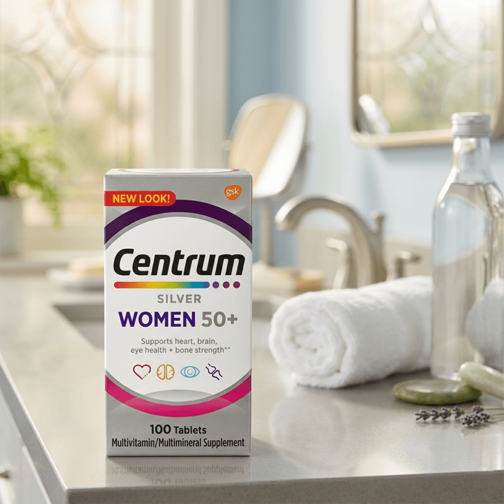 Centrum Silver Women bottle with clean medical background