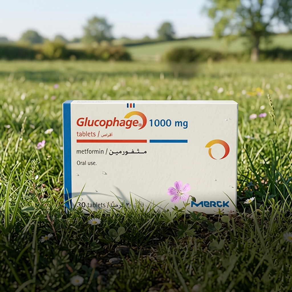 Glucophage 1000 mg tablets box front view for blood sugar control