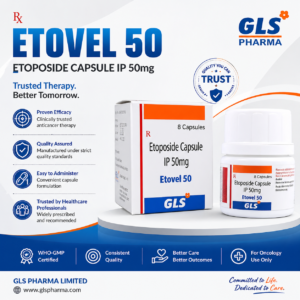 Etovel 50 Etoposide Capsule IP 50mg box and bottle front view