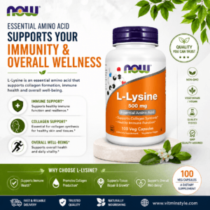 NOW L-Lysine 500 mg 100 Veg Capsules front view bottle