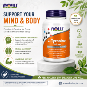 NOW L-Tyrosine 500 mg 120 Capsules bottle front view high quality